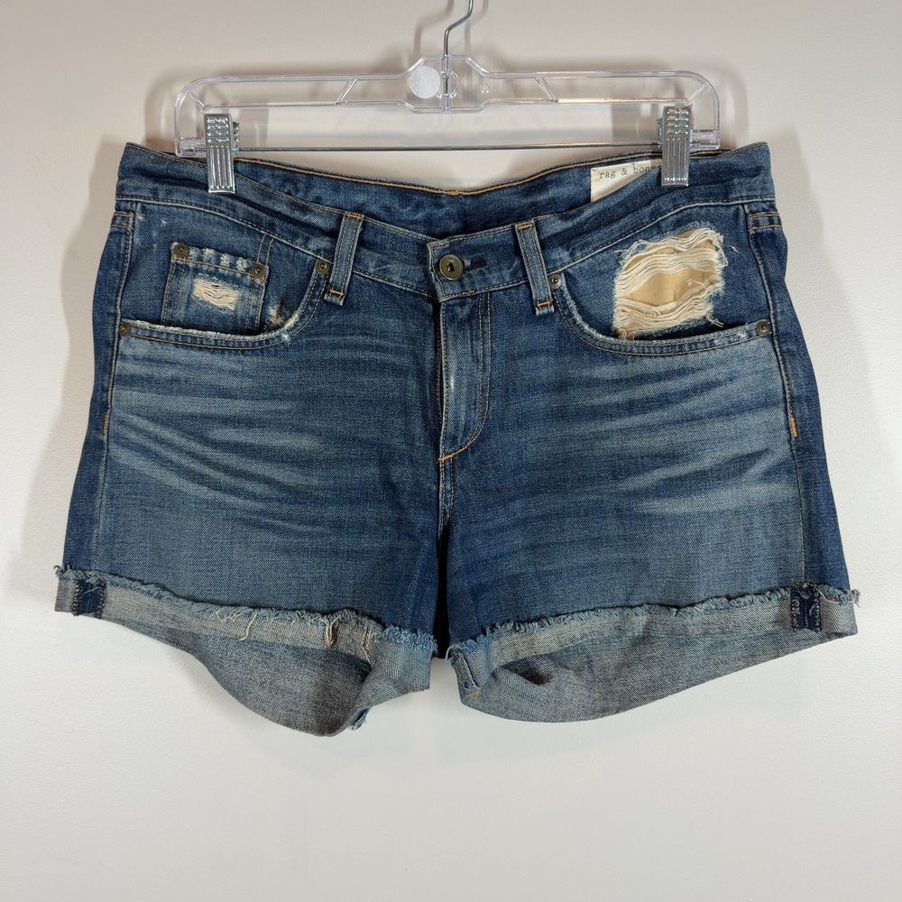 Rag & Bone Denim Shorts Women SZ 27 Distressed Rolled Hem Woodstock 100% Cotton